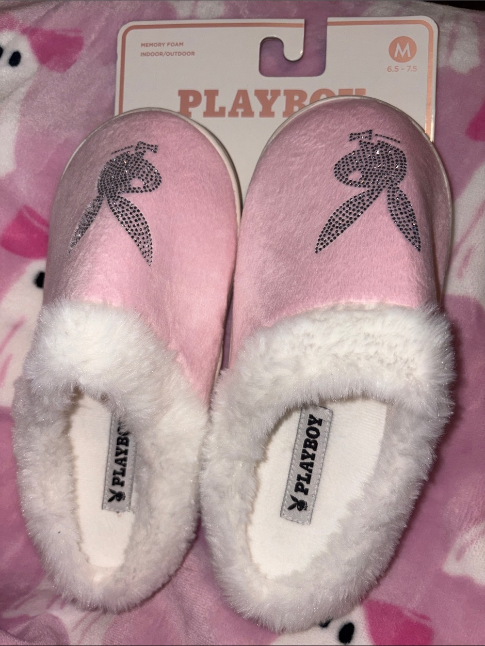 PLAYBOY Pink Faux Fur Slip-On Slippers with Crystal Bunny